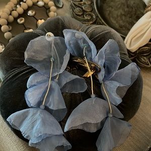 🔥Never worn!Pale Blue silk like material hanging earrings! A Statement Piece!